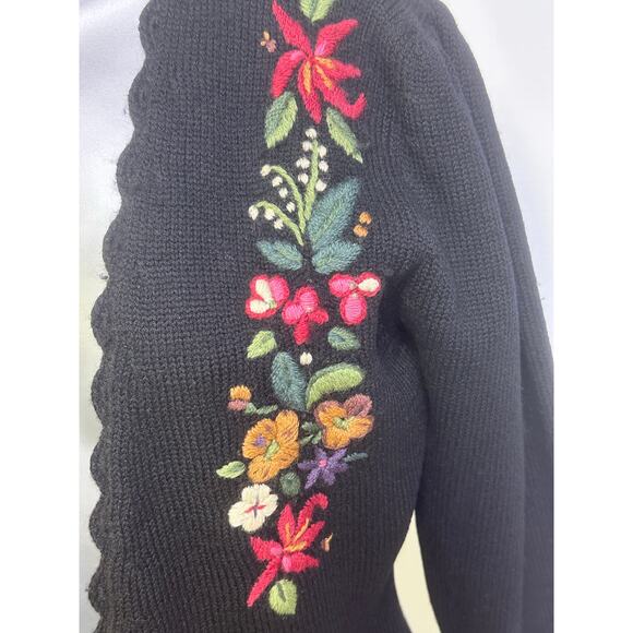 Herman Geist Embroidered Black Lambswool Cardigan Sweater Floral Accents-Medium - Picture 3 of 8